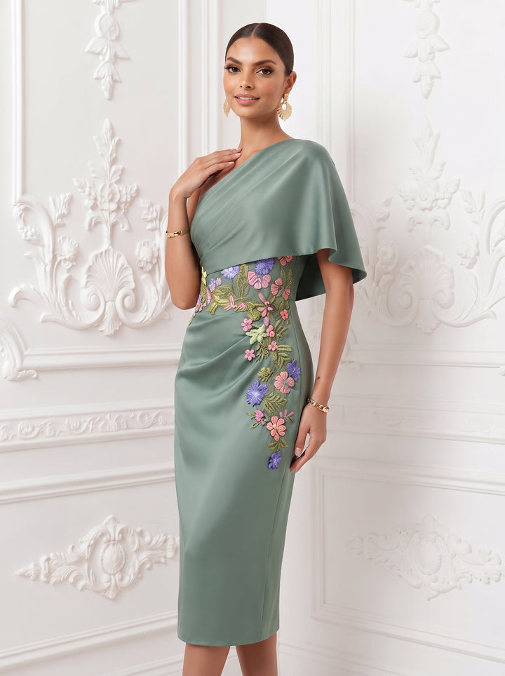 Satin Sheath One Shoulder Floral Embroidery Ruched Formal Dresses