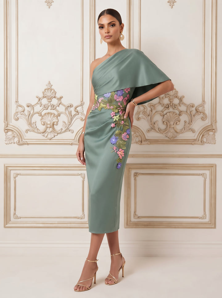 Satin Sheath One Shoulder Floral Embroidery Ruched Formal Dresses