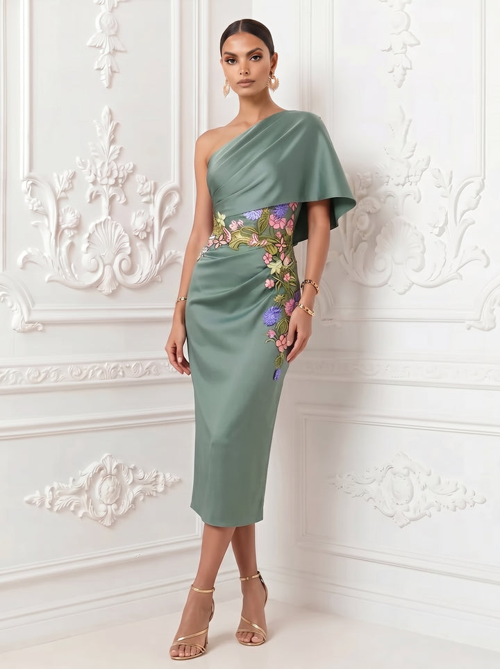 Satin Sheath One Shoulder Floral Embroidery Ruched Formal Dresses