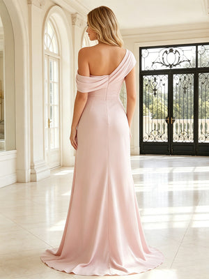 Chiffon Mermaid One Shoulder Ruched Ruffles Formal Dresses with Slit