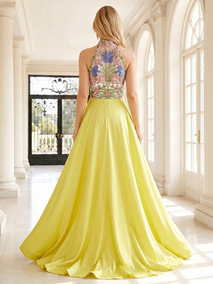 Satin A Line High Neck Ruffles Floral Embroidery Formal Dresses