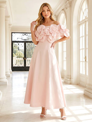 Satin A Line Off the Shoulder 3D Flowers Ruffles Formal Dresses