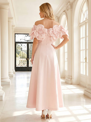 Satin A Line Off the Shoulder 3D Flowers Ruffles Formal Dresses
