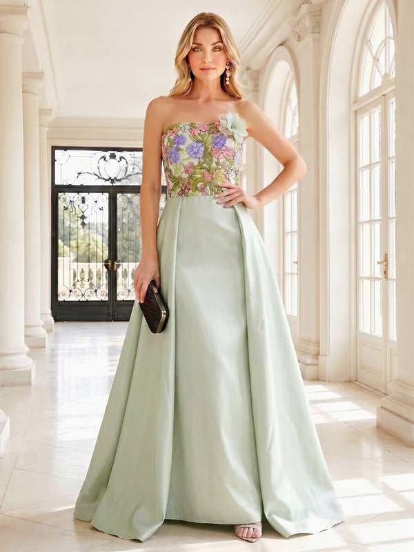 Satin A Line Strapless Floral Embroidery Ruched Formal Dresses with 3D Flowers
