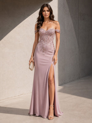 Satin Mermaid Off the Shoulder Slit Lace Appliques Formal Dresses for Women