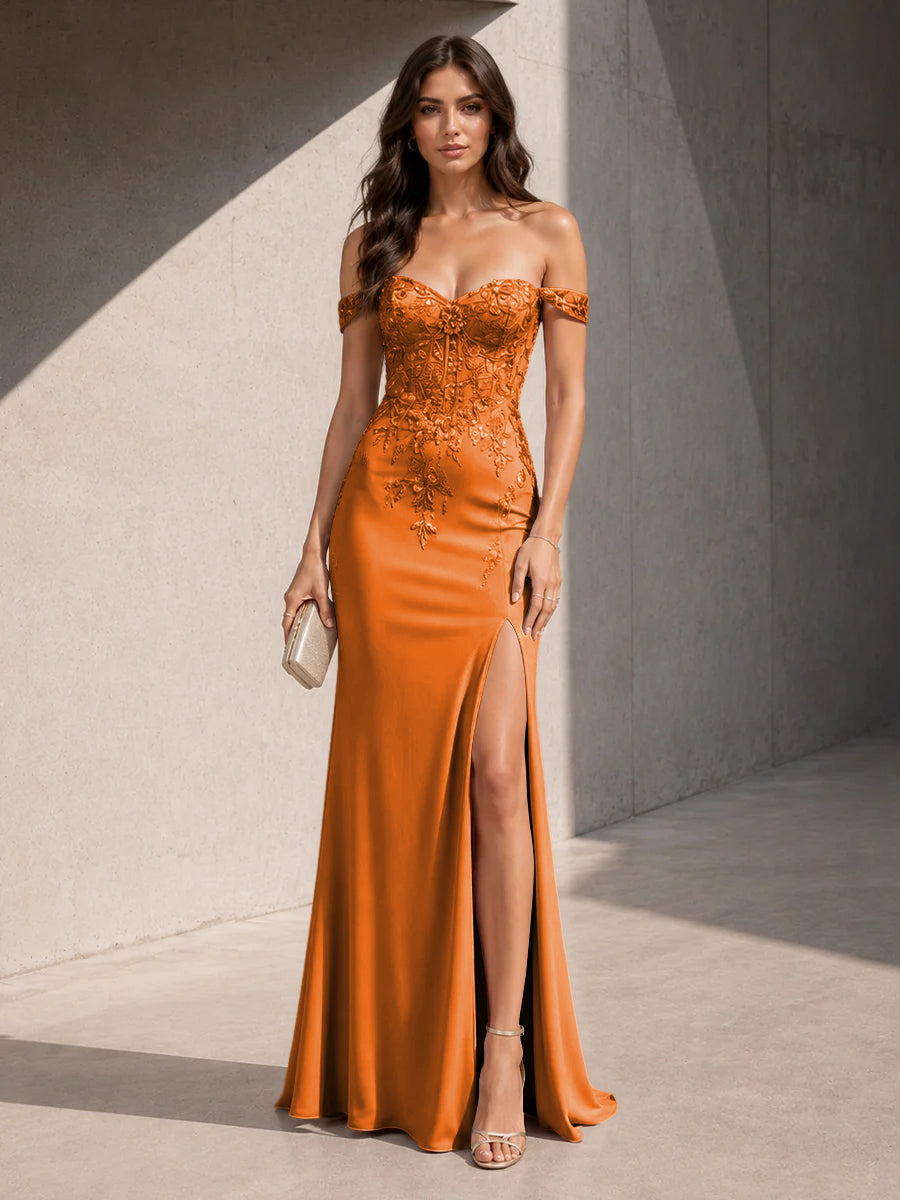 Satin Mermaid Off the Shoulder Slit Lace Appliques Formal Dresses for Women