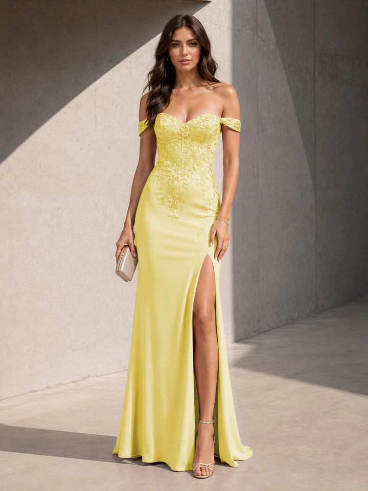 Satin Mermaid Off the Shoulder Slit Lace Appliques Formal Dresses for Women
