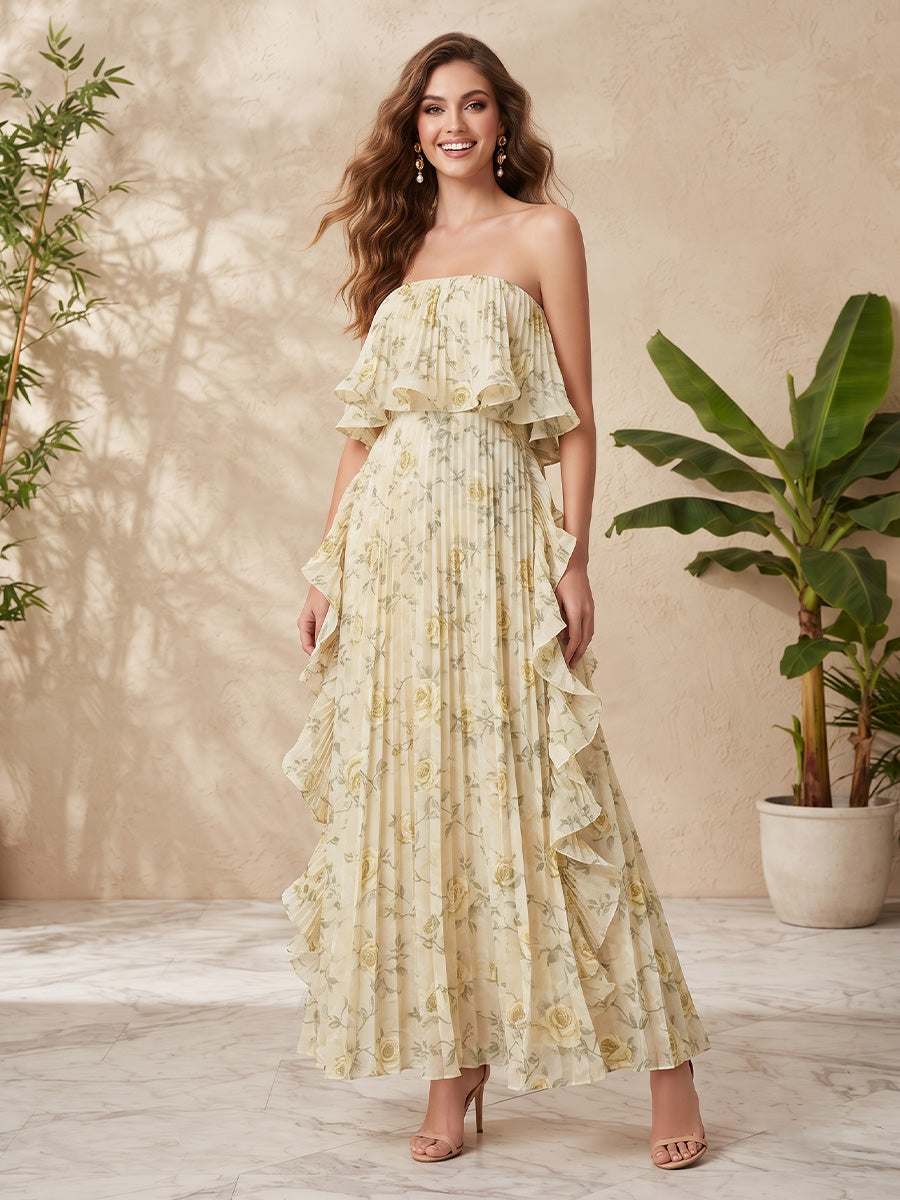 Chiffon A Line Strapless Floral Print Ruffles Formal Dresses