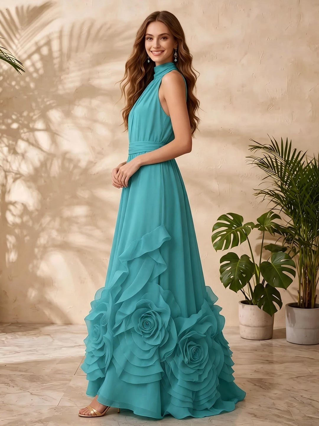 Chiffon A Line Halter Floral Formal Dresses