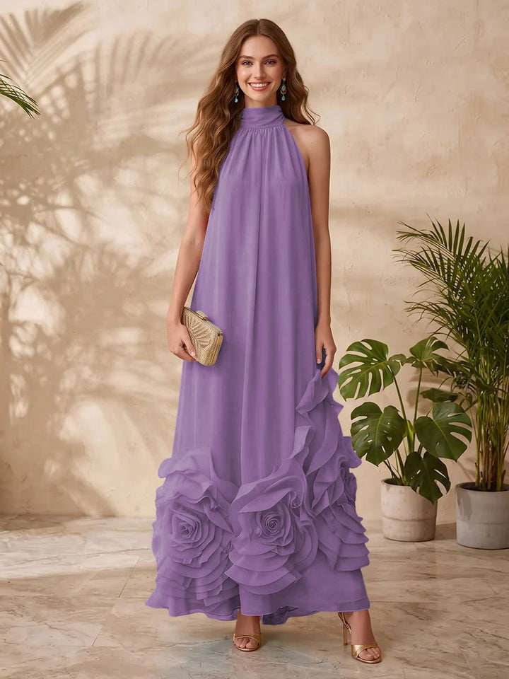 Chiffon A Line Halter Floral Formal Dresses
