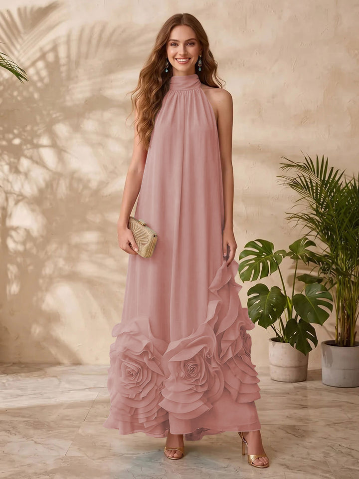 Chiffon A Line Halter Floral Formal Dresses