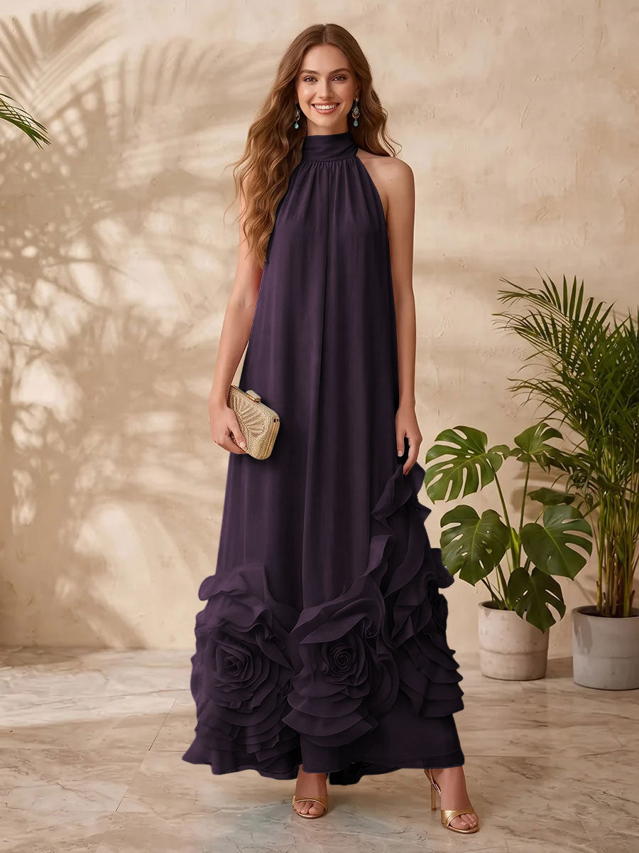 Chiffon A Line Halter Floral Formal Dresses