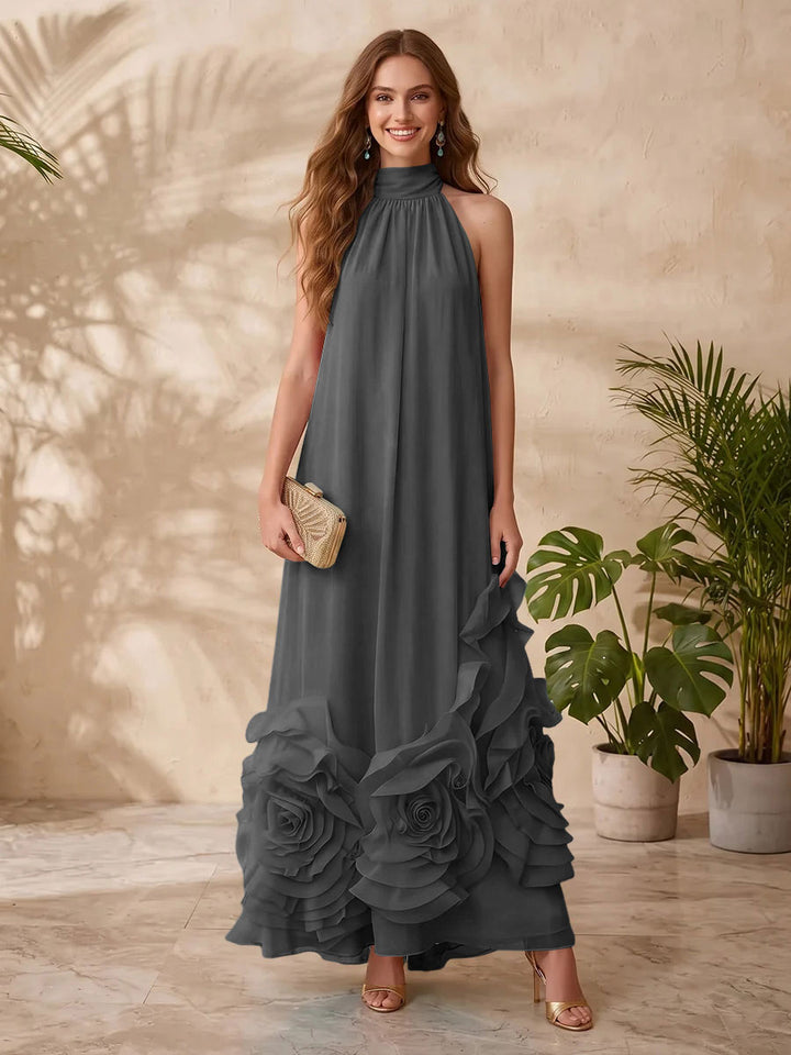 Chiffon A Line Halter Floral Formal Dresses