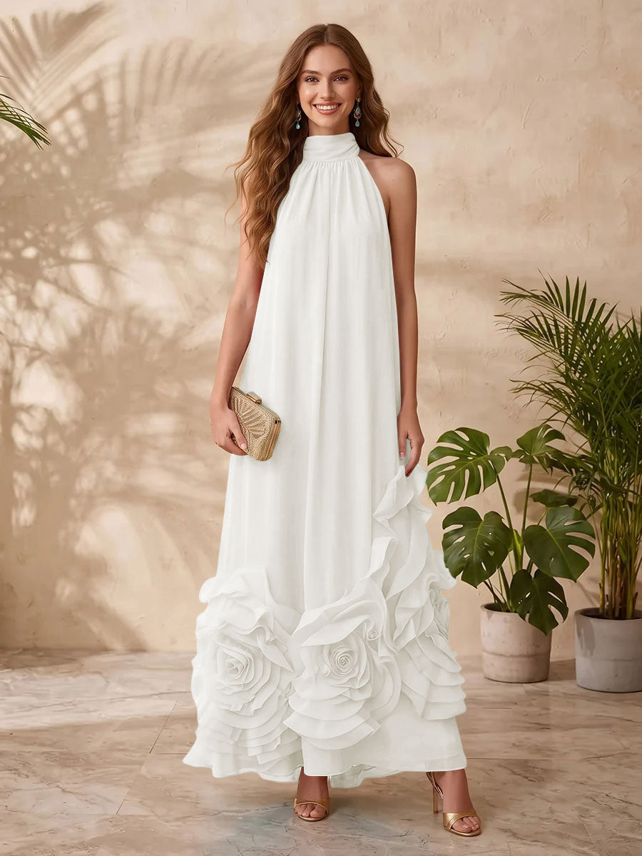 Chiffon A Line Halter Floral Formal Dresses