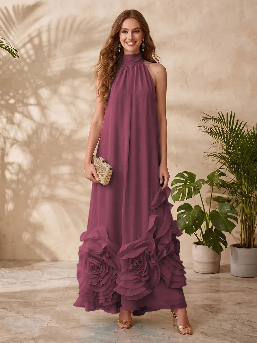 Chiffon A Line Halter Floral Formal Dresses