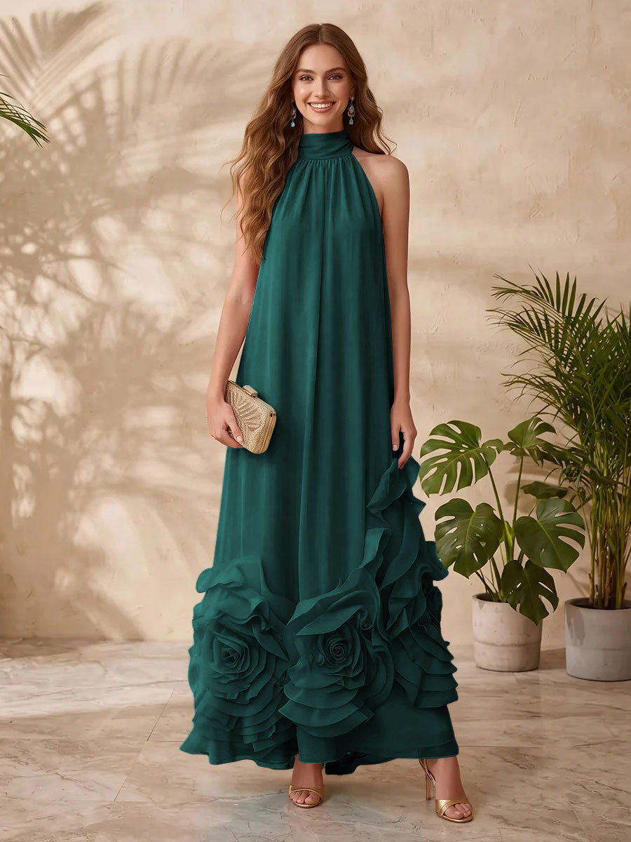 Chiffon A Line Halter Floral Formal Dresses