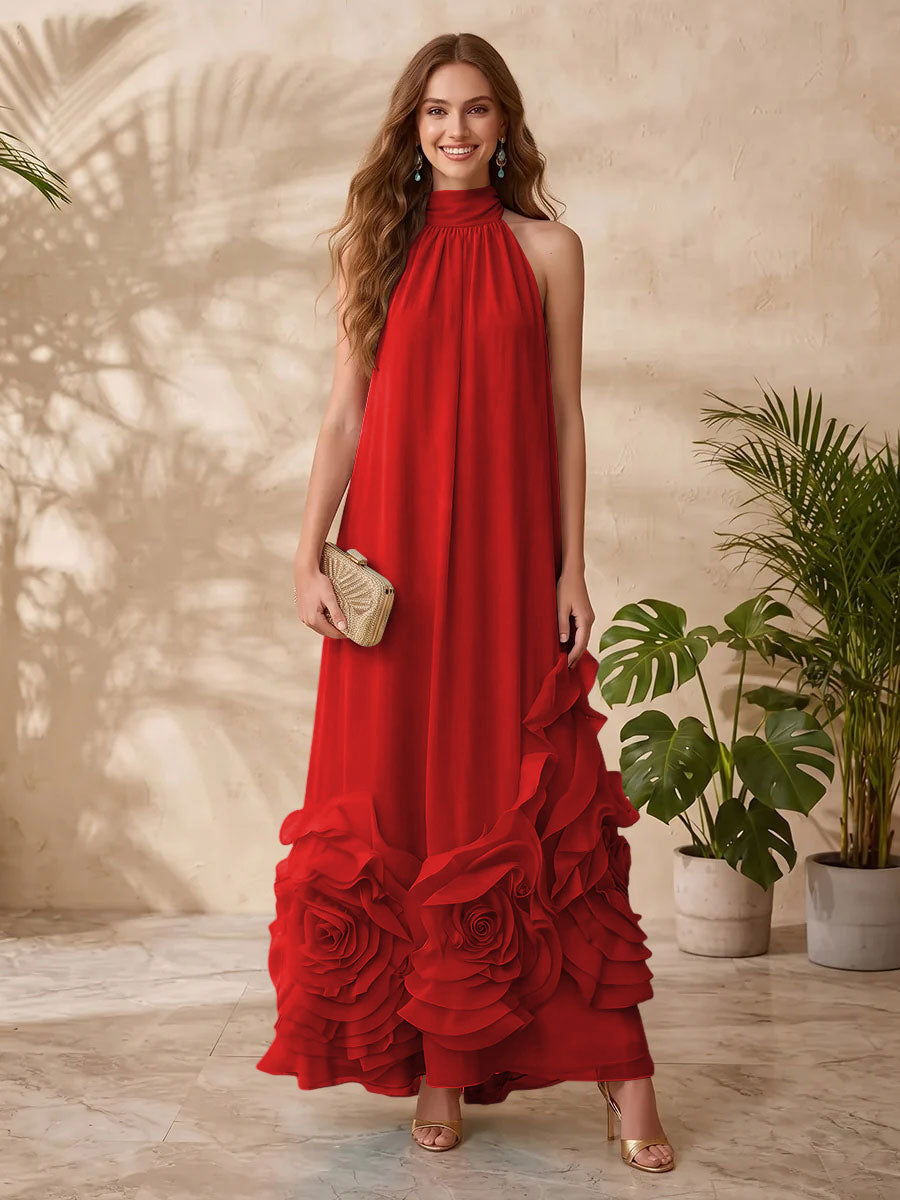 Chiffon A Line Halter Floral Formal Dresses