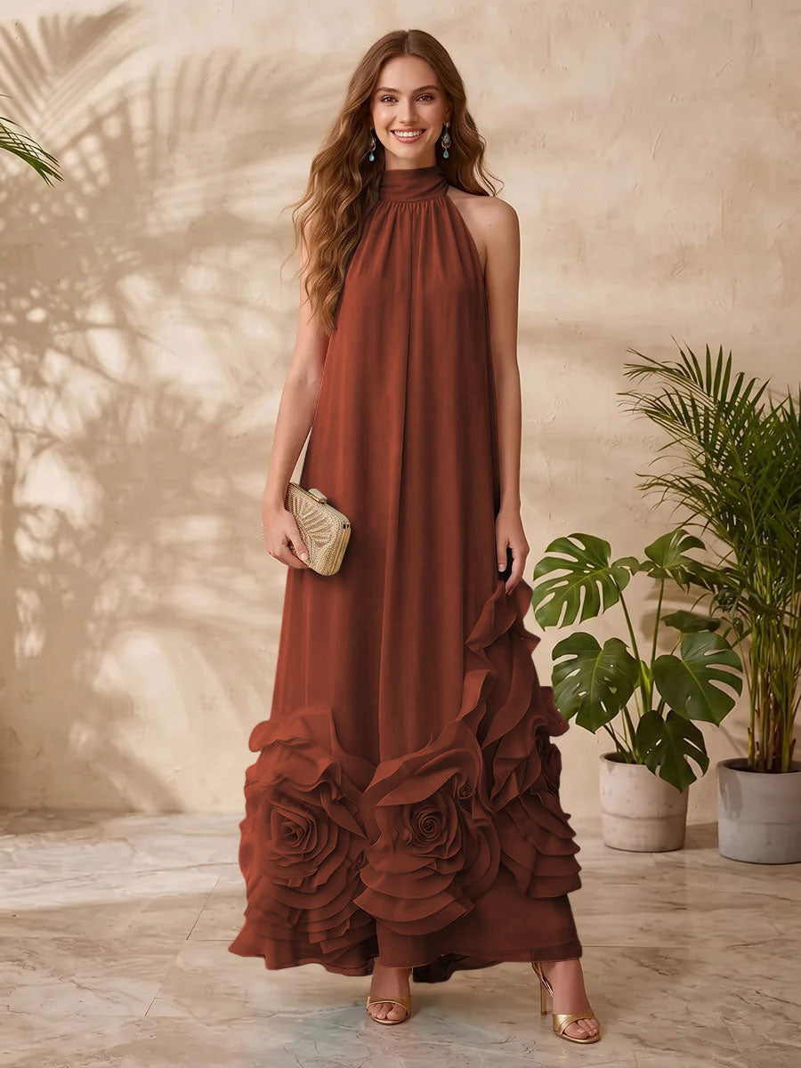 Chiffon A Line Halter Floral Formal Dresses