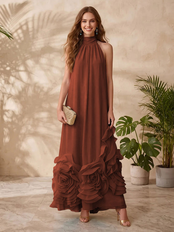Chiffon A Line Halter Floral Formal Dresses