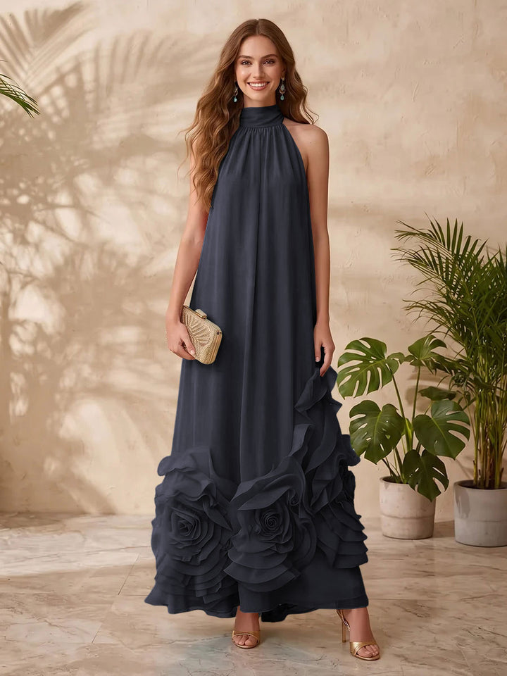Chiffon A Line Halter Floral Formal Dresses