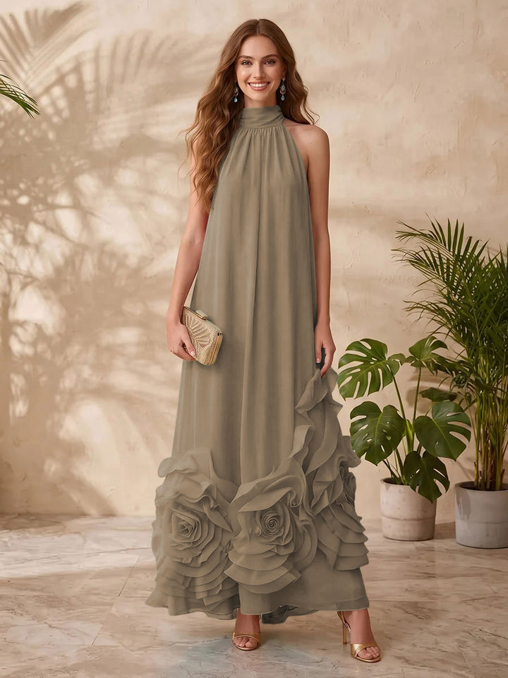 Chiffon A Line Halter Floral Formal Dresses