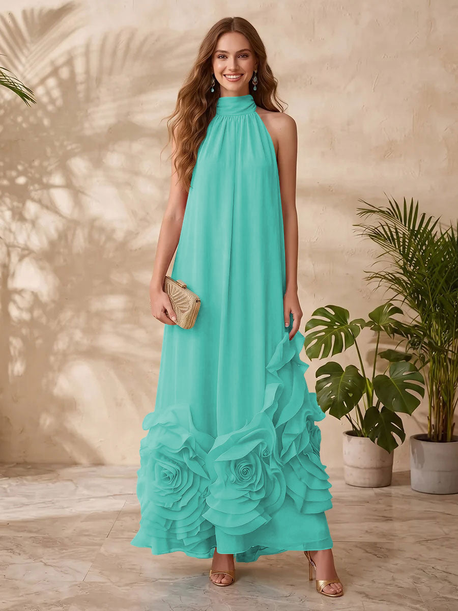 Chiffon A Line Halter Floral Formal Dresses