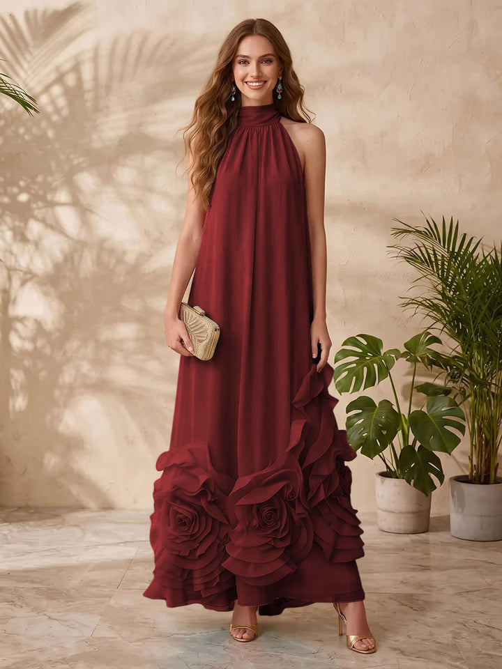 Chiffon A Line Halter Floral Formal Dresses