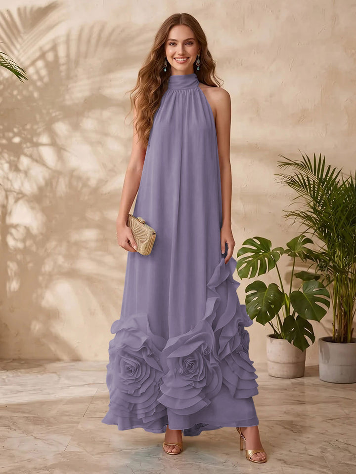 Chiffon A Line Halter Floral Formal Dresses