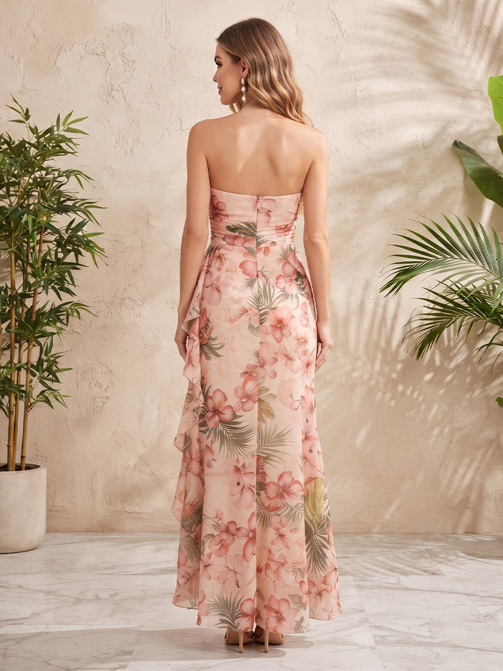 Chiffon A Line Strapless Floral Print Ruffles Formal Dresses