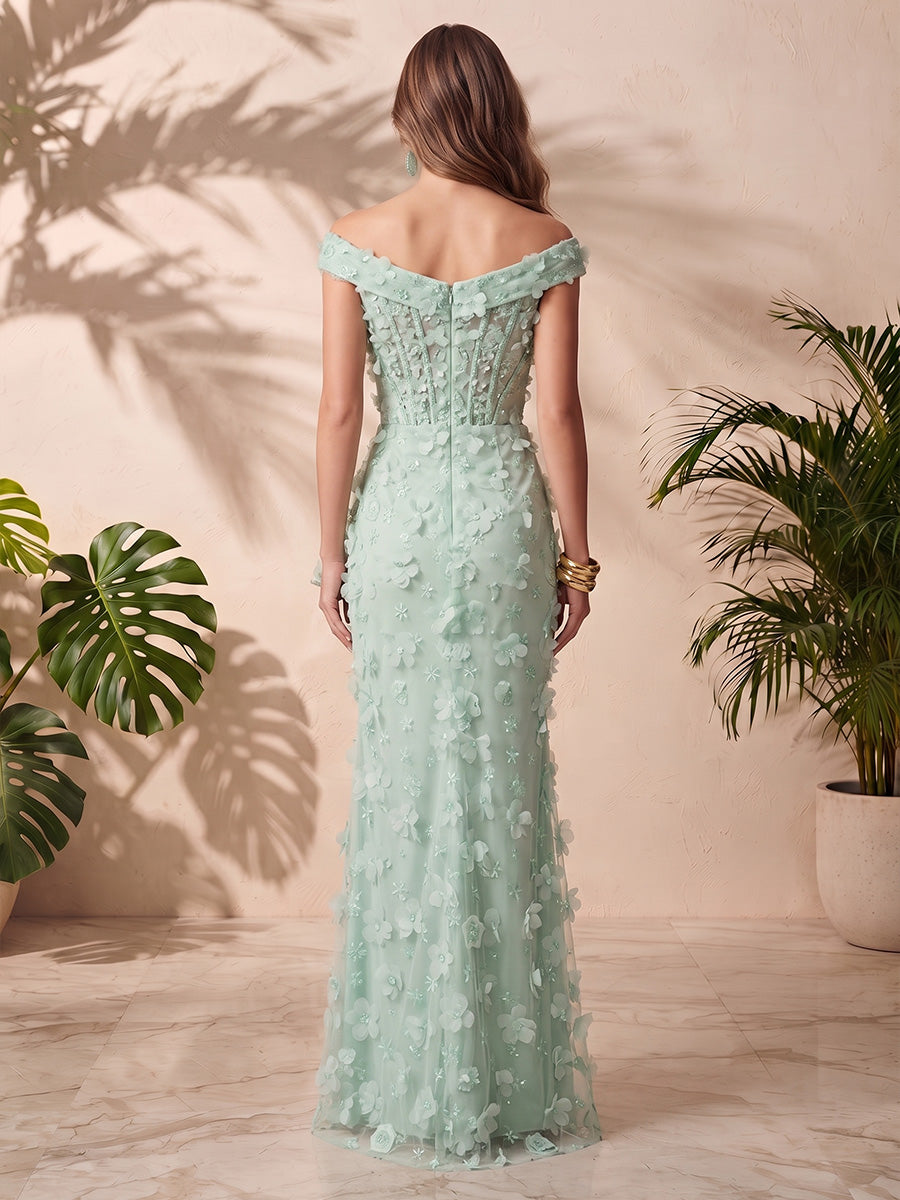 Tulle A Line Off the Shoulder Side Slit Applique Formal Dresses