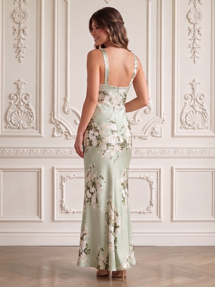 Satin Jacquard A Line Cowl Neck Pleats Backless Formal Dresses