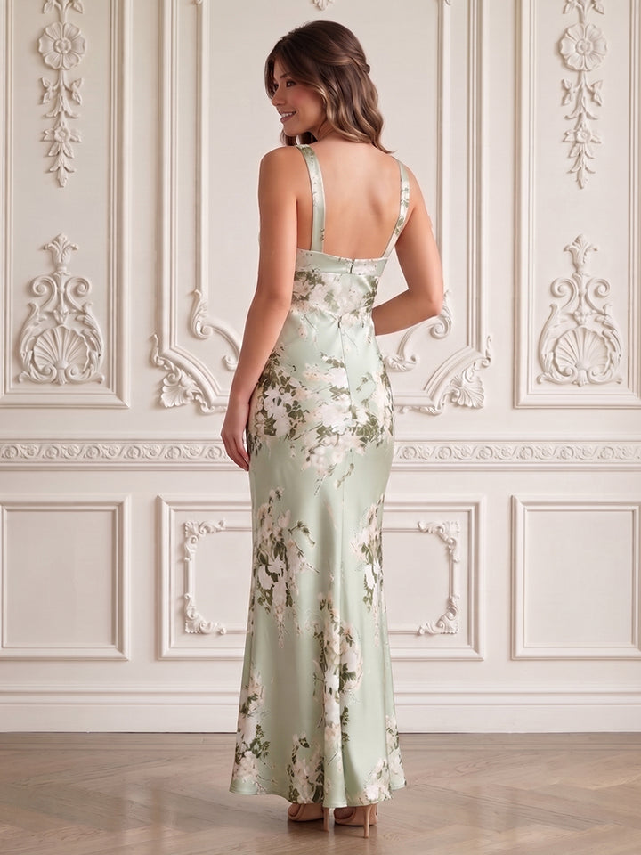 Satin Jacquard A Line Cowl Neck Pleats Backless Formal Dresses
