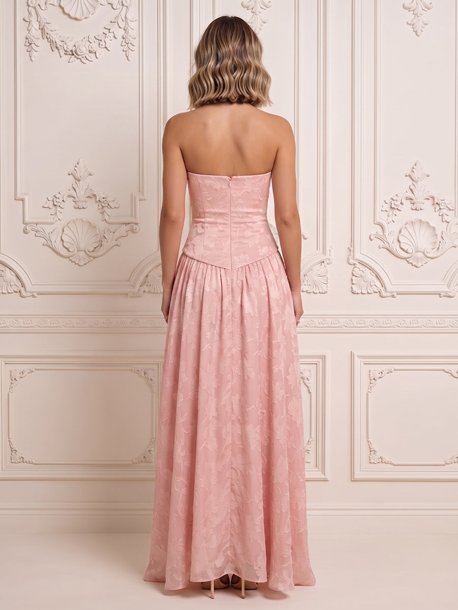 Satin Jacquard A Line Strapless Side Slit Formal Dresses
