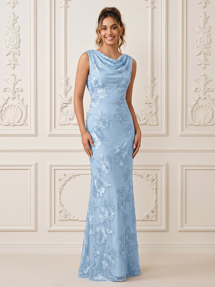 Satin A Line Cowl Neck Floral Embroidery Embroidery Formal Dresses