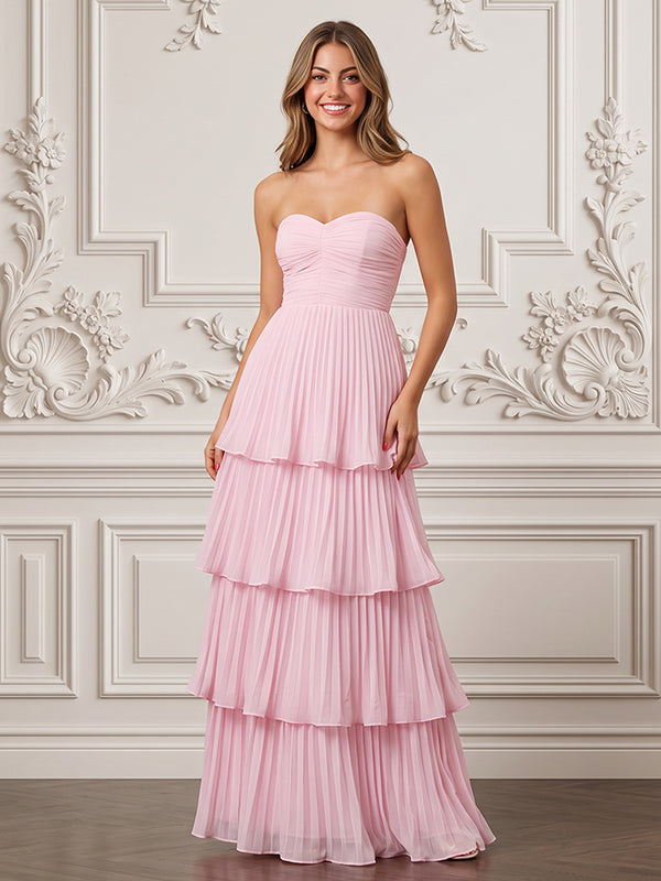 Chiffon A Line Strapless Pleats Sweetheart Formal Dresses