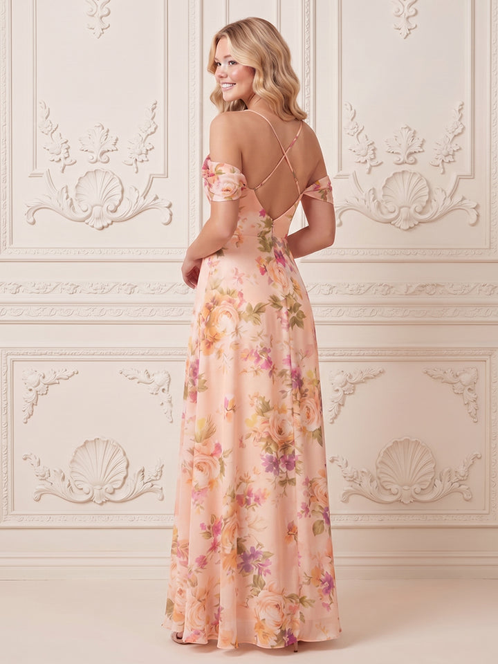 Satin Jacquard A Line Off the Shoulder Side Slit Backless Formal Dresses