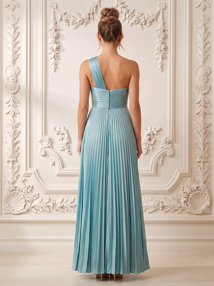 Satin A Line One Shoulder Twist Halter Neck Formal Dresses