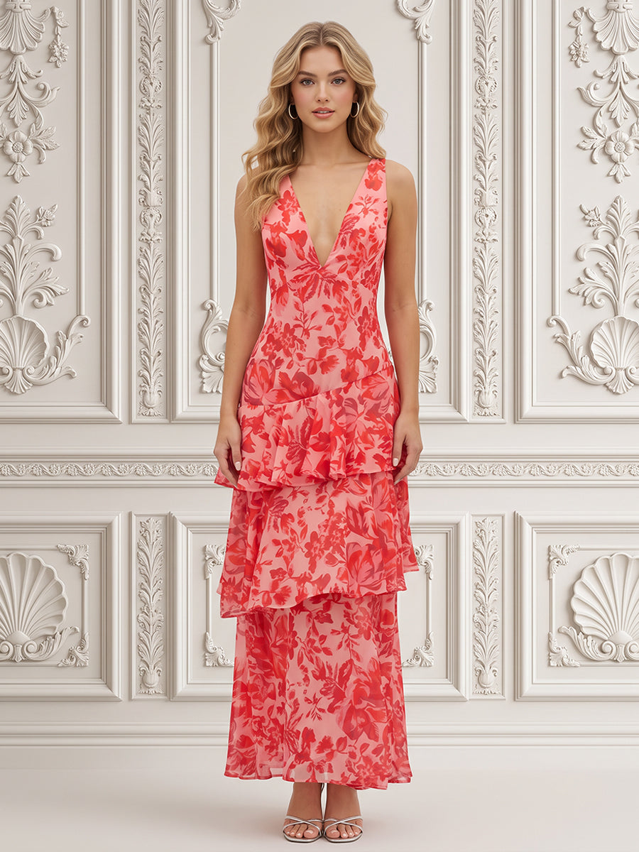 Chiffon A Line V Neck Floral Print Deep V Backless Formal Dresses