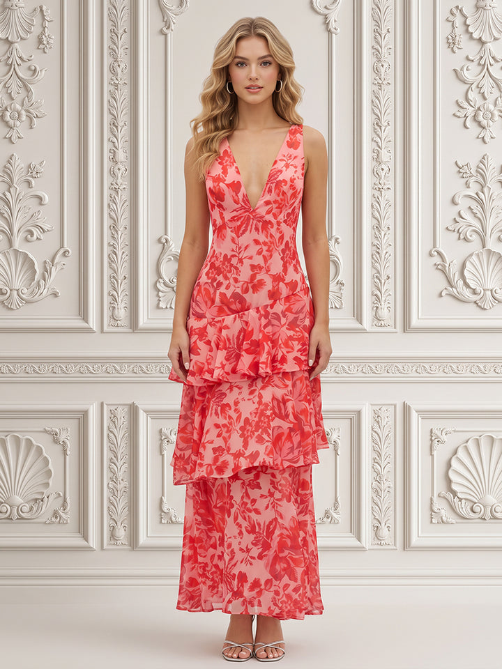 Chiffon A Line V Neck Floral Print Deep V Backless Formal Dresses