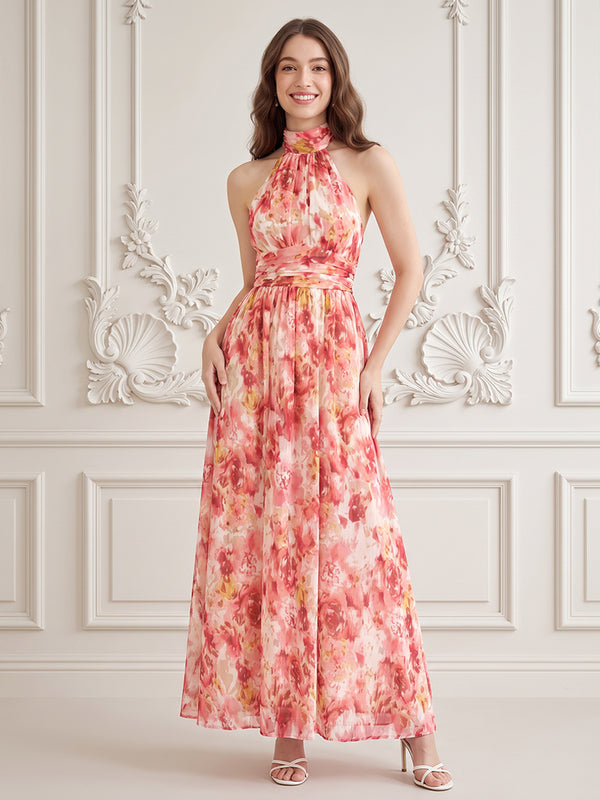Chiffon A Line Halter Floral Print High Waist Formal Dresses