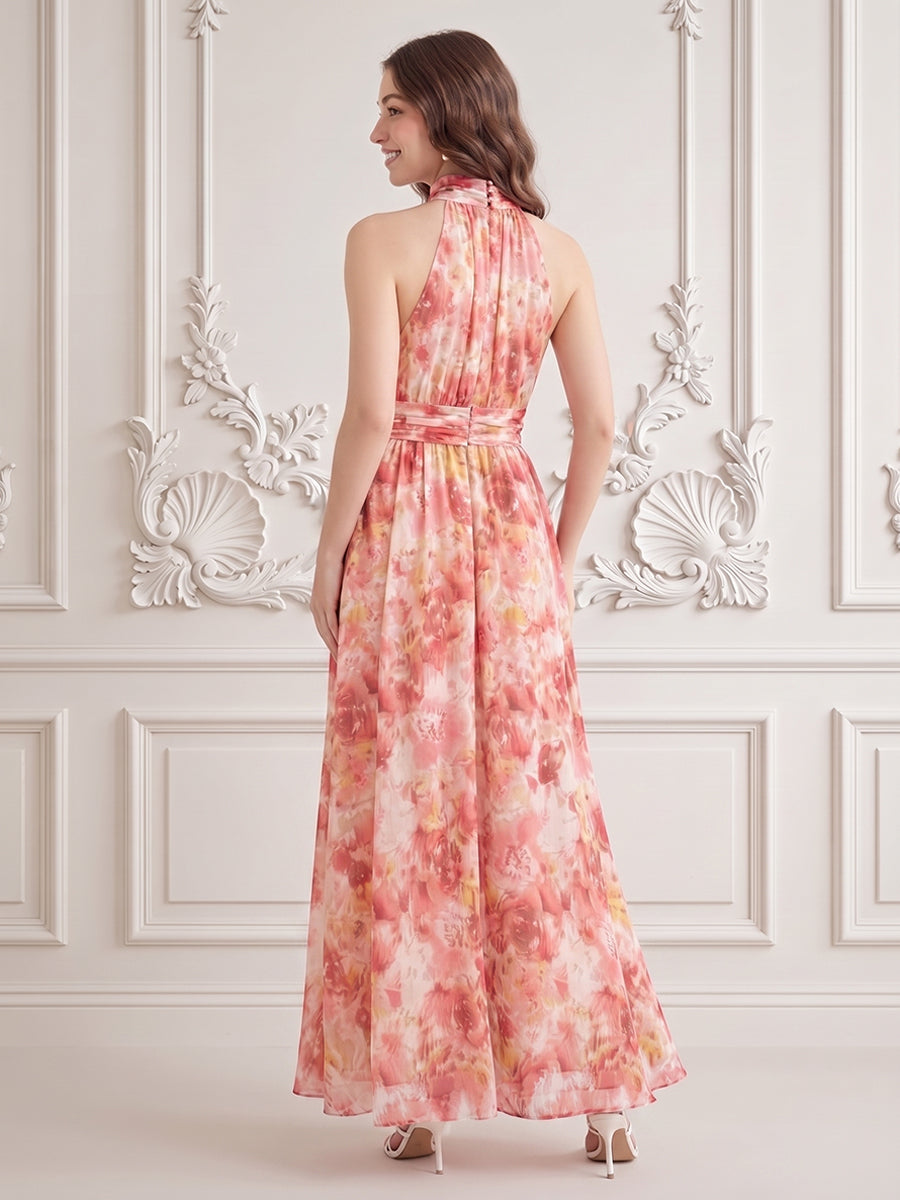 Chiffon A Line Halter Floral Print High Waist Formal Dresses