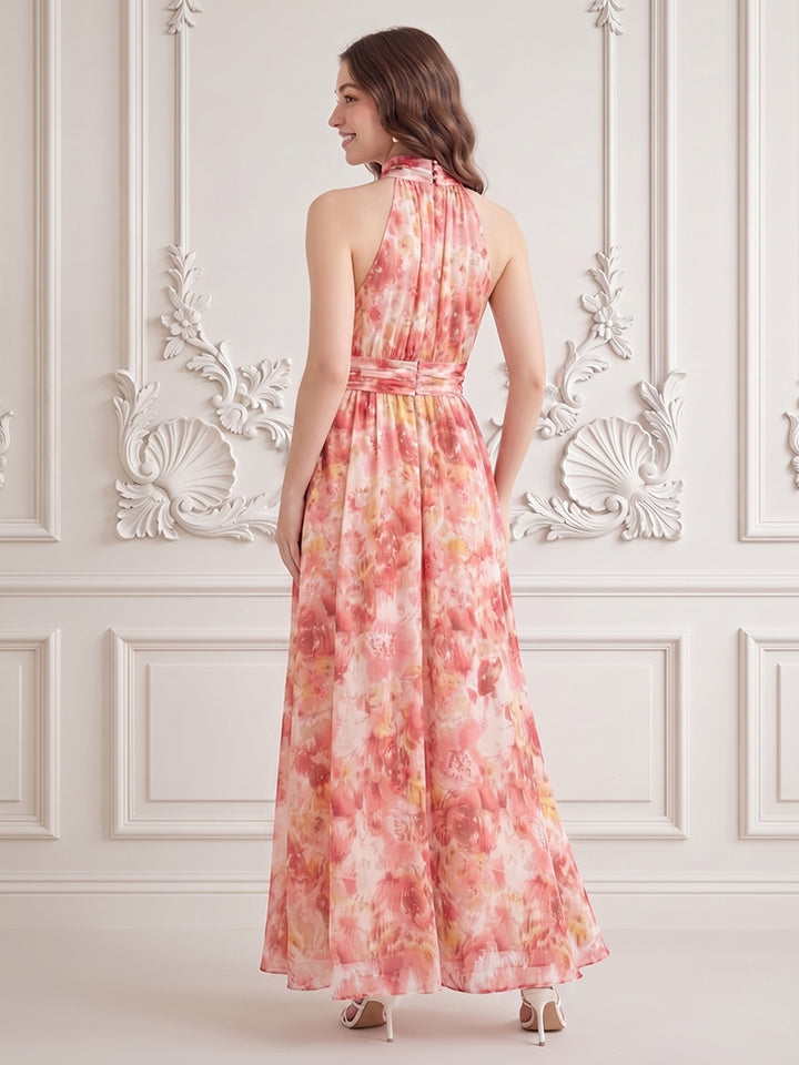 Chiffon A Line Halter Floral Print High Waist Formal Dresses