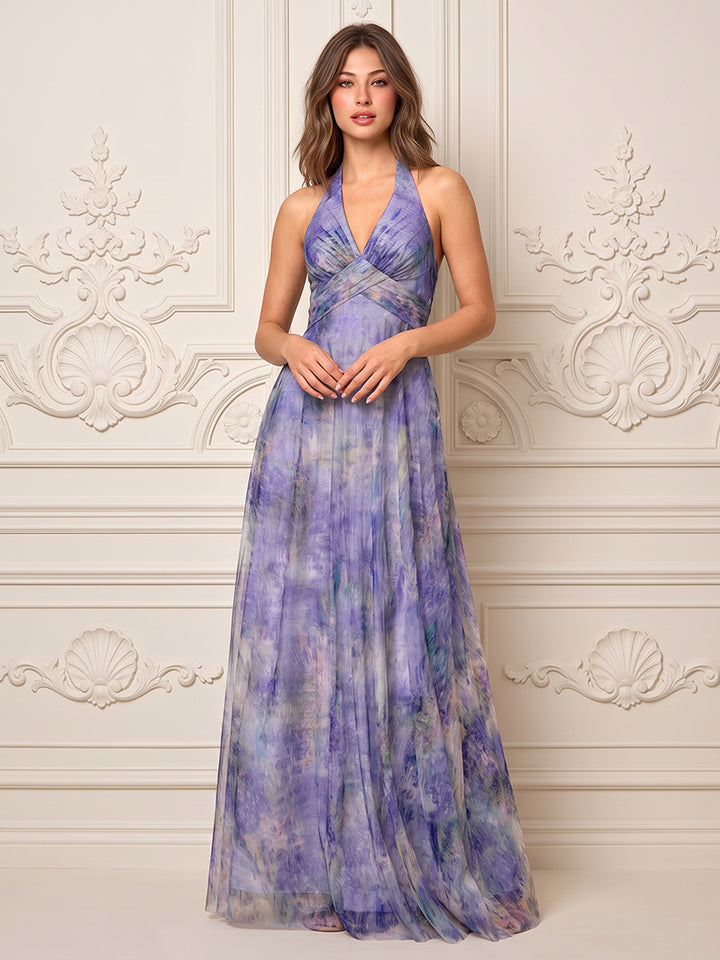 Chiffon A Line Halter Plunging V Neck High Waist Formal Dresses