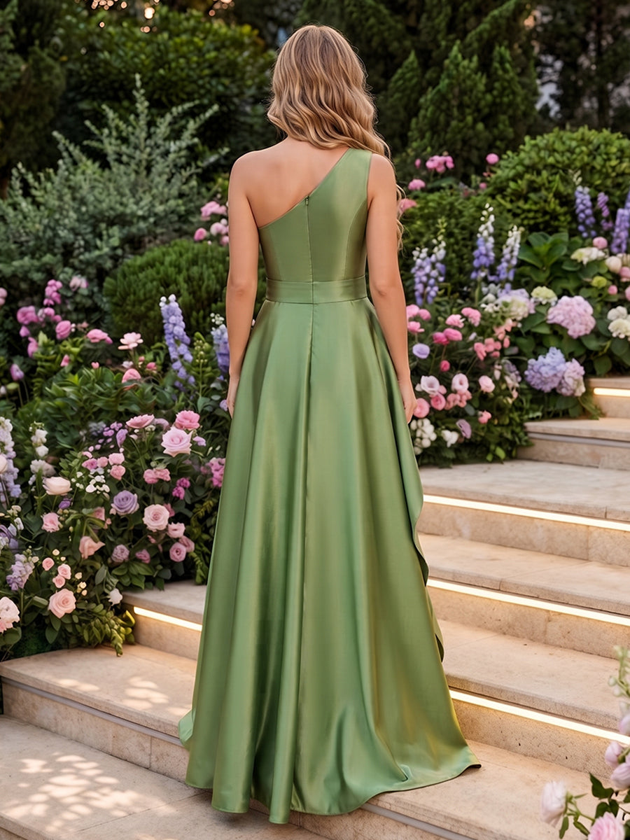 Satin A Line One Shoulder Ruffles High Waist Formal Dresses