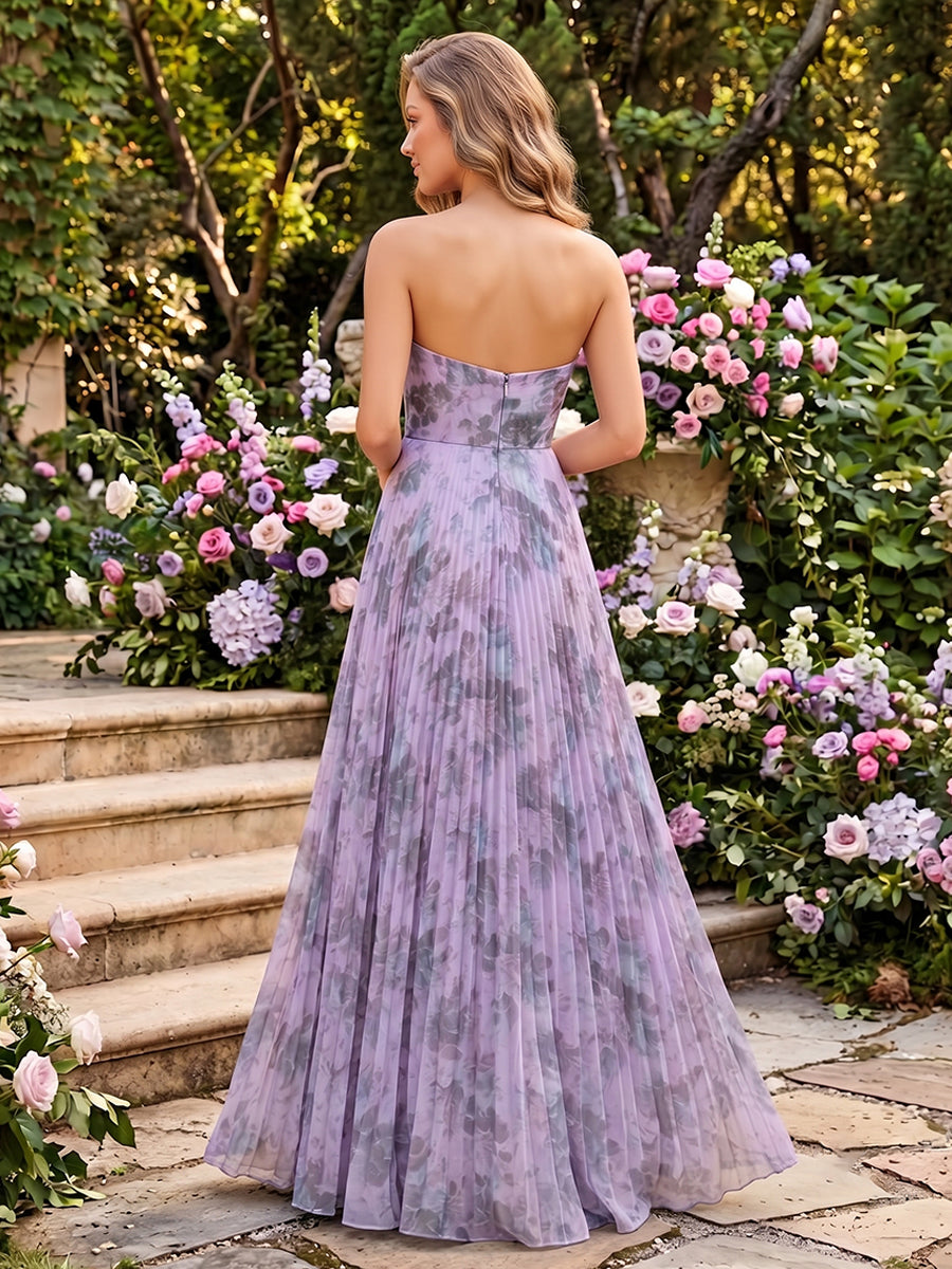 Chiffon A Line Strapless Pleats Sweetheart Formal Dresses