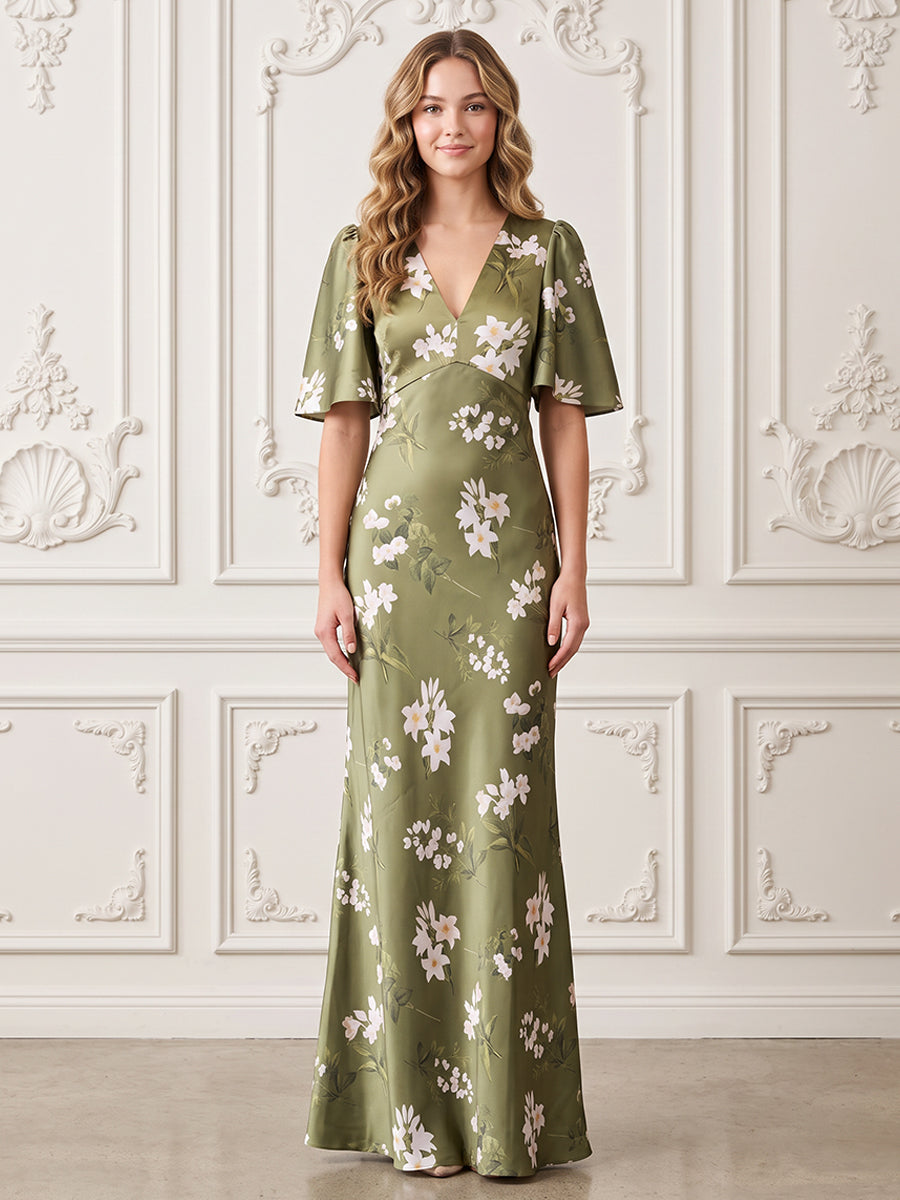 Satin A Line V Neck Floral Print Formal Dresses