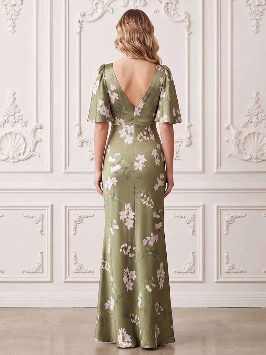 Satin A Line V Neck Floral Print Formal Dresses