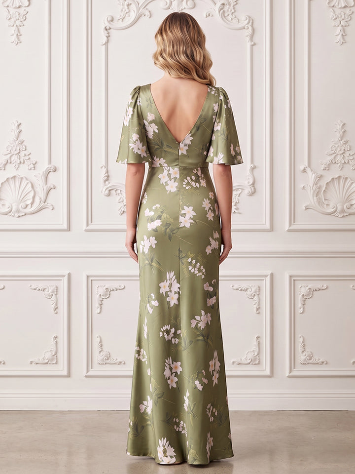 Satin A Line V Neck Floral Print Formal Dresses