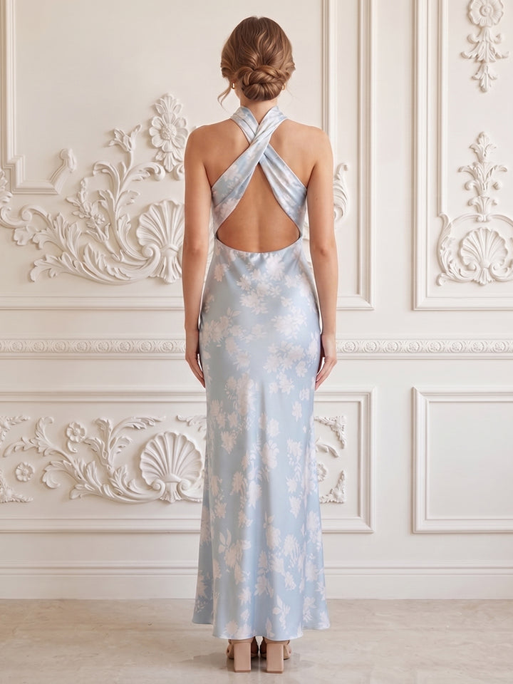 Satin A Line Halter Floral Print Formal Dresses