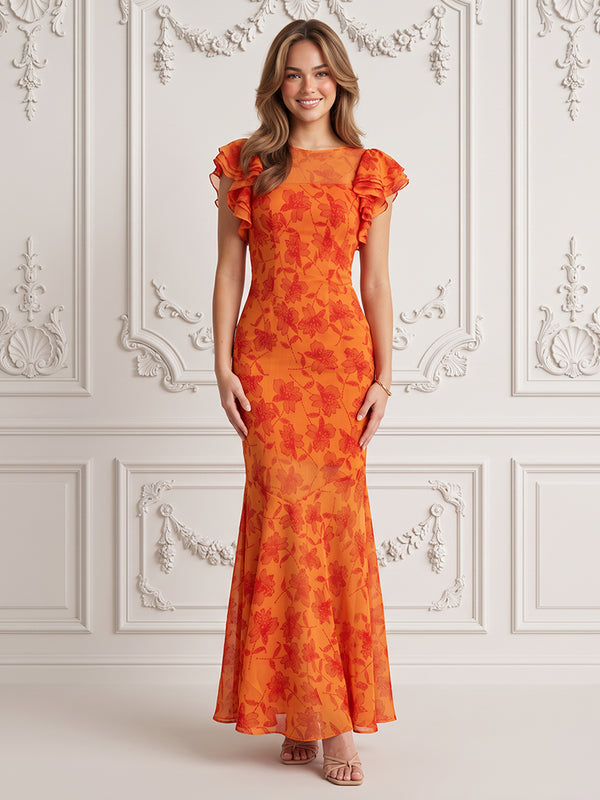 Chiffon Mermaid Jewel Neck Floral Print Formal Dresses